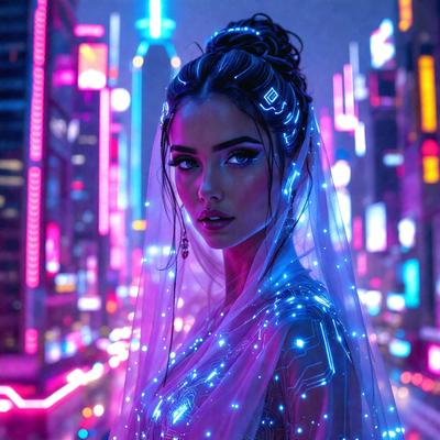 The primary subject of the image is a woman wearing a veil and a blue dress. She is standing in front of a cityscape with bright lights and neon signs. The setting is a city street at night, and the visual style is a combination of photo and digital art. The colors and mood of the image are vibrant and lively, with the bright lights and neon signs creating a captivating atmosphere.